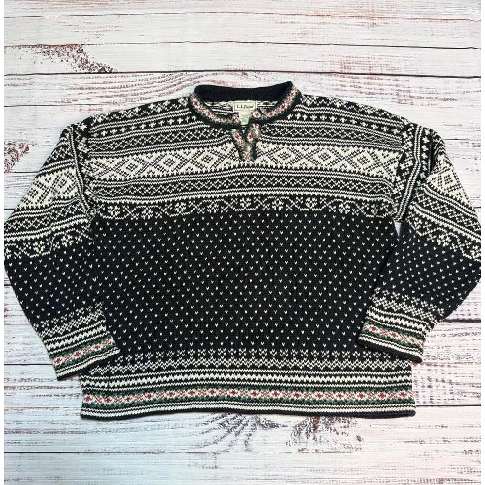 LL Bean Vtg Sweater Womens L Nordic Fair Isle Henley made in USA ORV69
